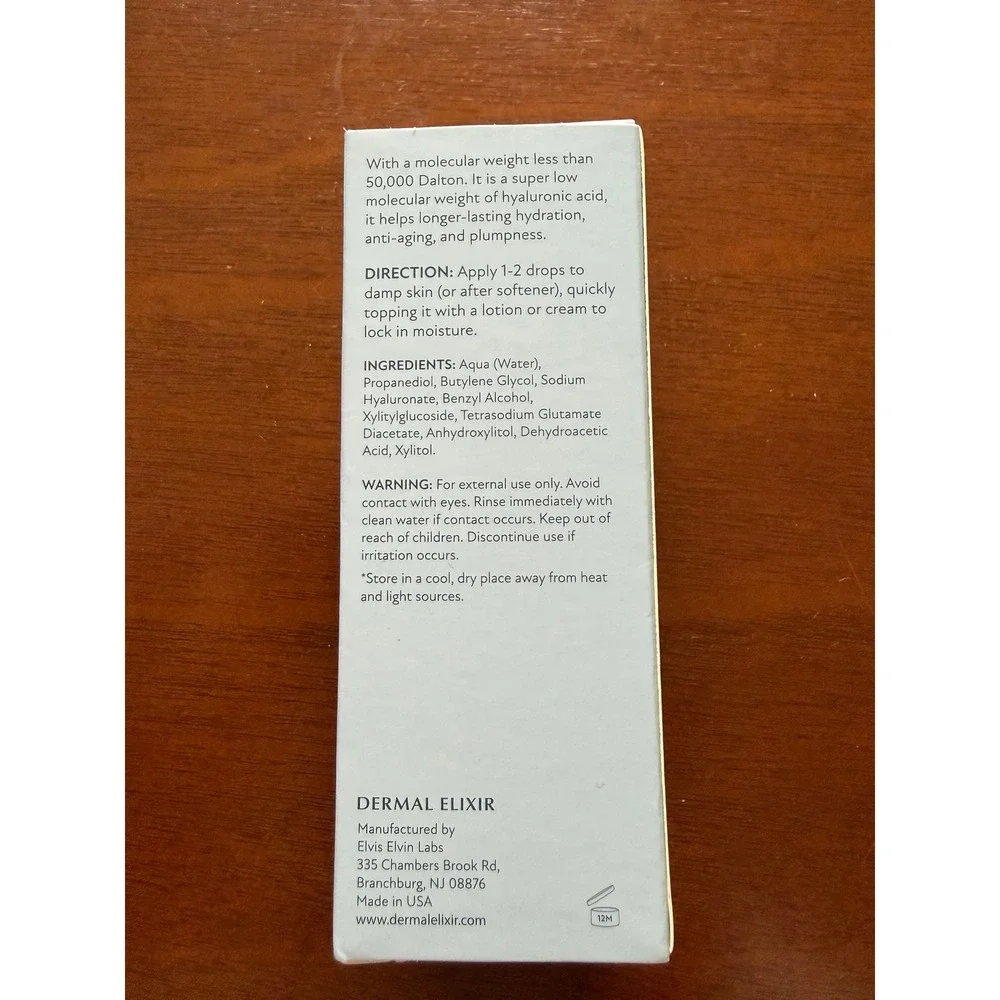 Dermal Elixir Hyaluronic Acid Serum 50 kDA 40ml 1.3oz